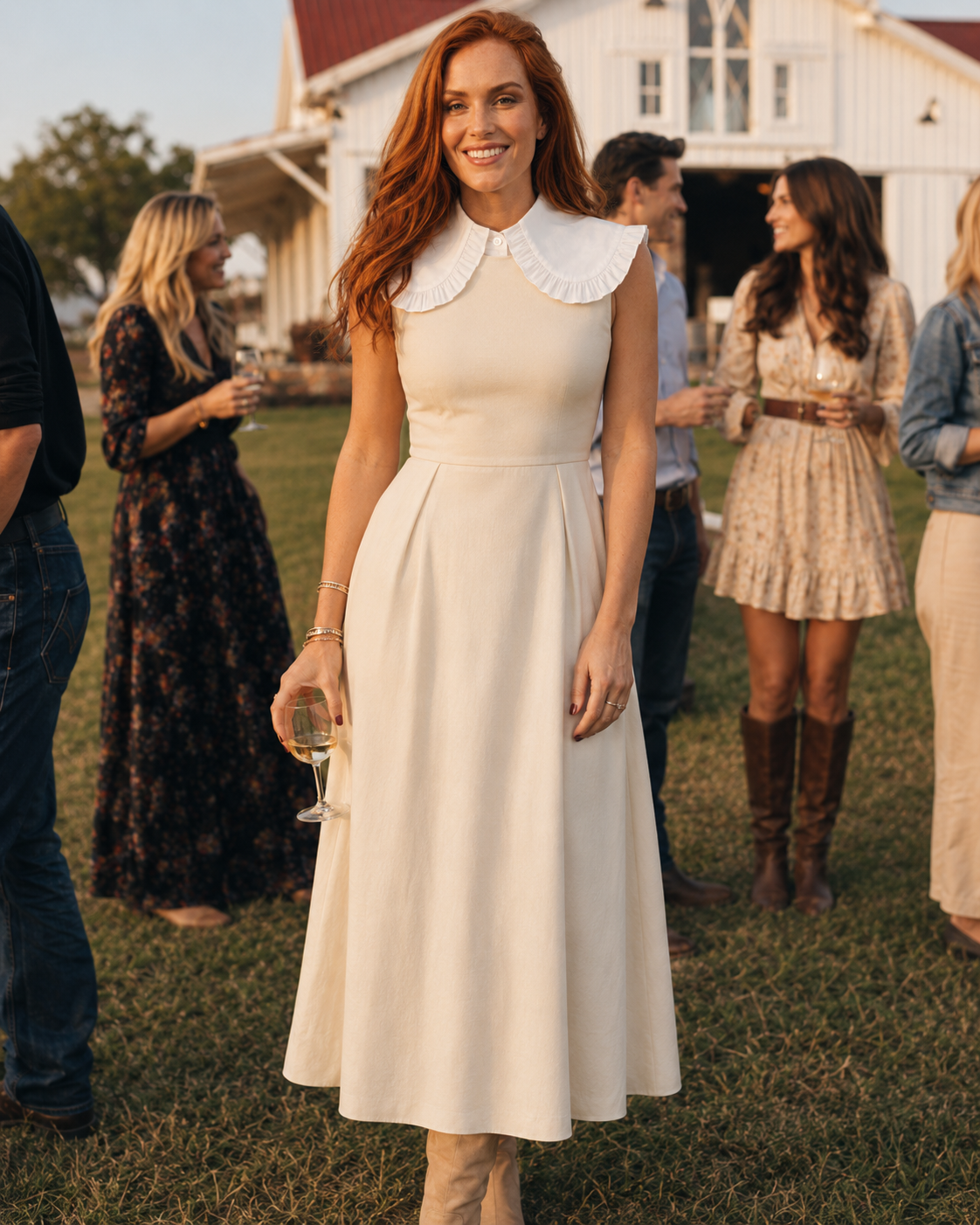 Woman in a cream colored dress with white ruffle collar dickey standing outdoors with people in the background