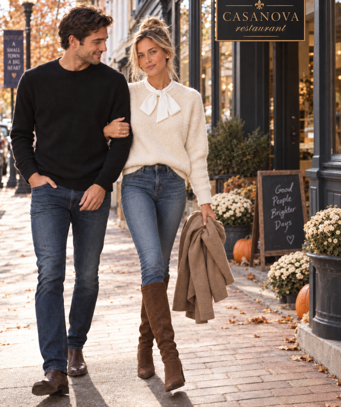 A man and a woman walking arm-in-arm on a brick sidewalk in front of a restaurant storefront. The woman wears a cream knit sweater with a large bow dickey from the Curated Collar, blue jeans, and tall brown over-the-knee boots, while holding a tan coat.
