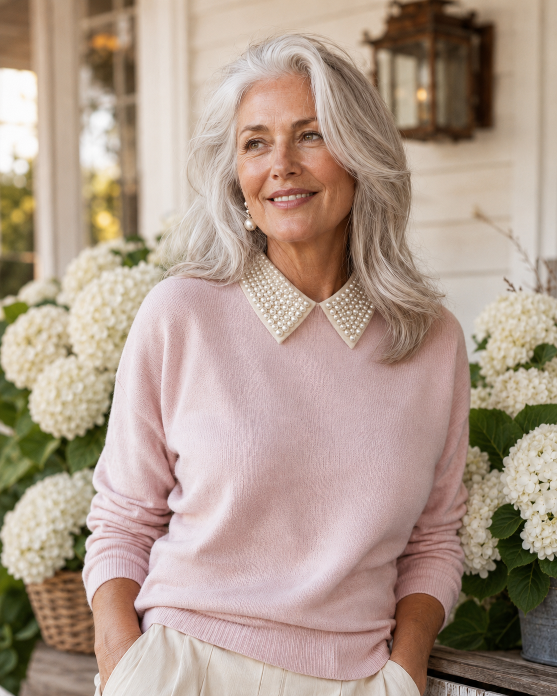 Woman wearing a pink sweater with a pearl collar by the Curated Collar in front of white hydrangeas in Tennessee