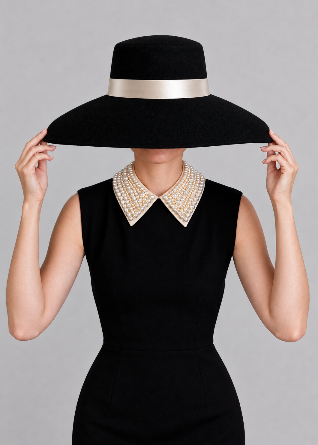 A model wearing a black wide-brimmed hat with a metallic gold band and a black sleeveless dress with a pearl-embellished collar, holding the brim of the hat against a solid gray background.