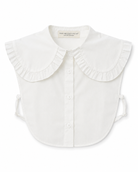 White blouse dickey with ruffled collar design on a white background with tag The Curated Collar visible