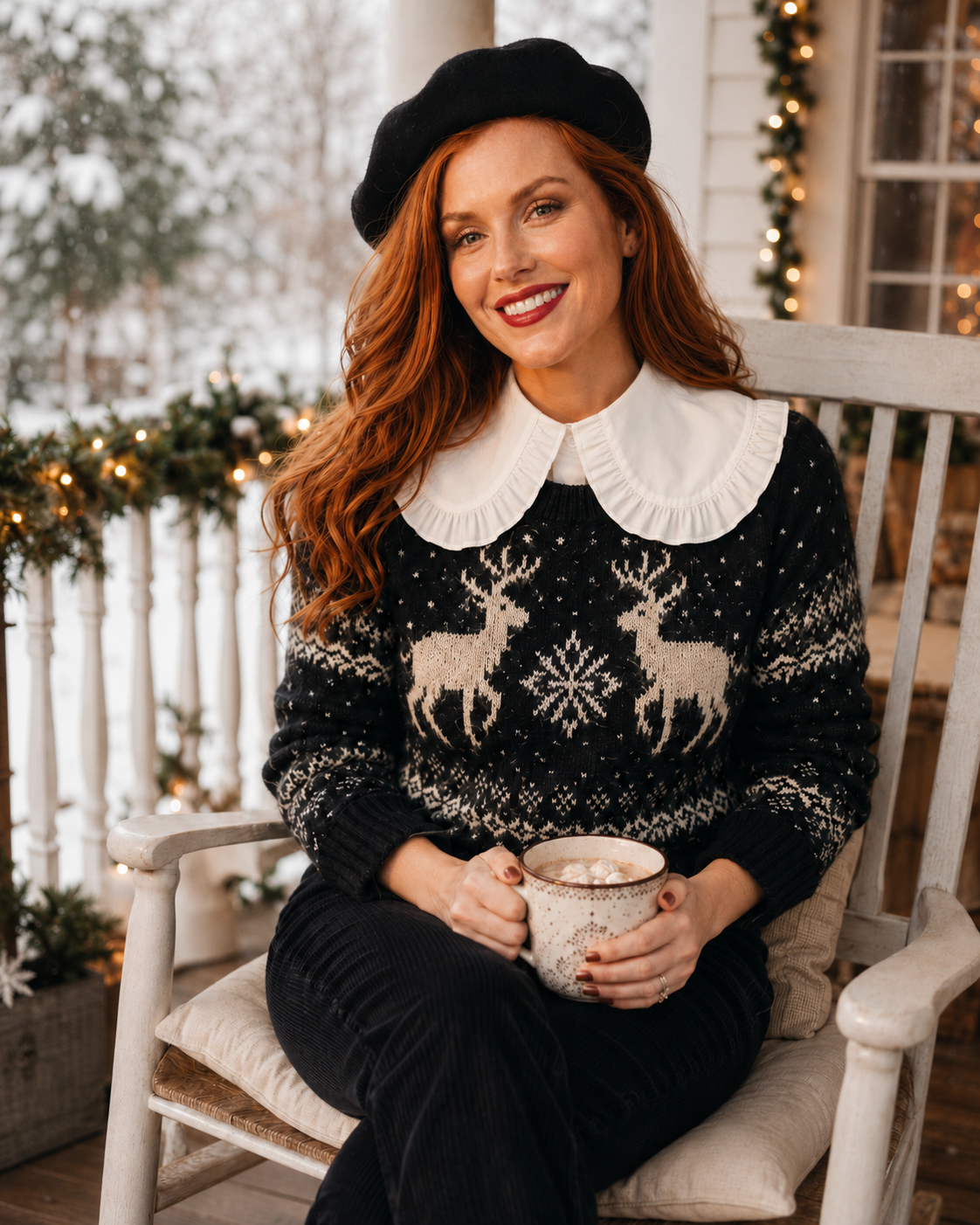 Woman wearing a festive Holiday sweater with reindeer and snowflake patterns, white large ruflled collar by Curated Collar company sitting on a decorated porch.