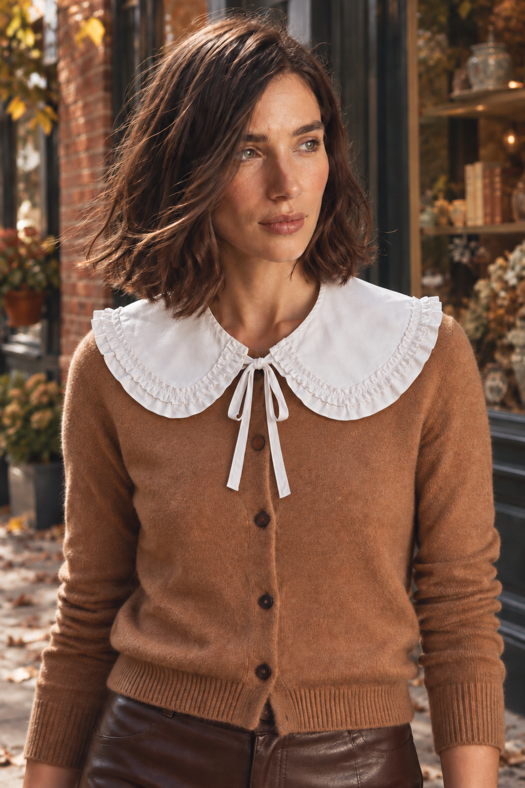A woman wearing a brown button-front cardigan with a large white ruffled  Curated Collar brand collar and white bow tie detail, photographed outdoors in front of a storefront.