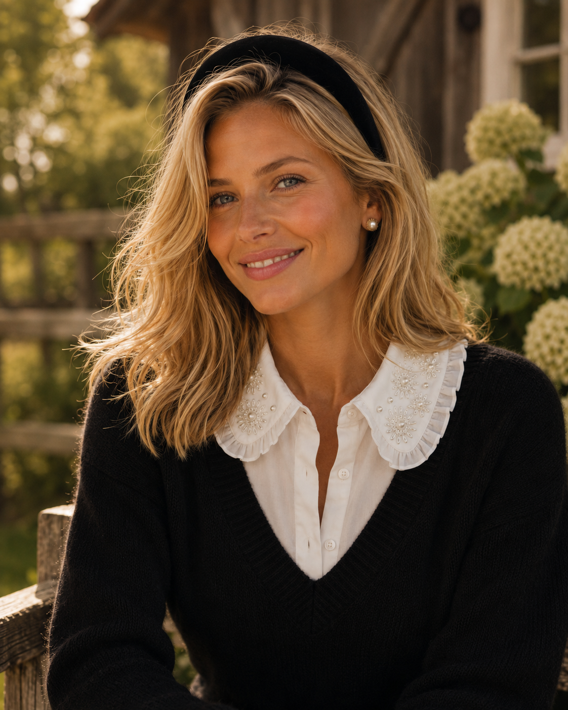 A smiling blonde woman wearing a black knit sweater over a white collared blouse from the Curated Collar, seated outdoors with greenery and a rustic wooden fence in the background.
