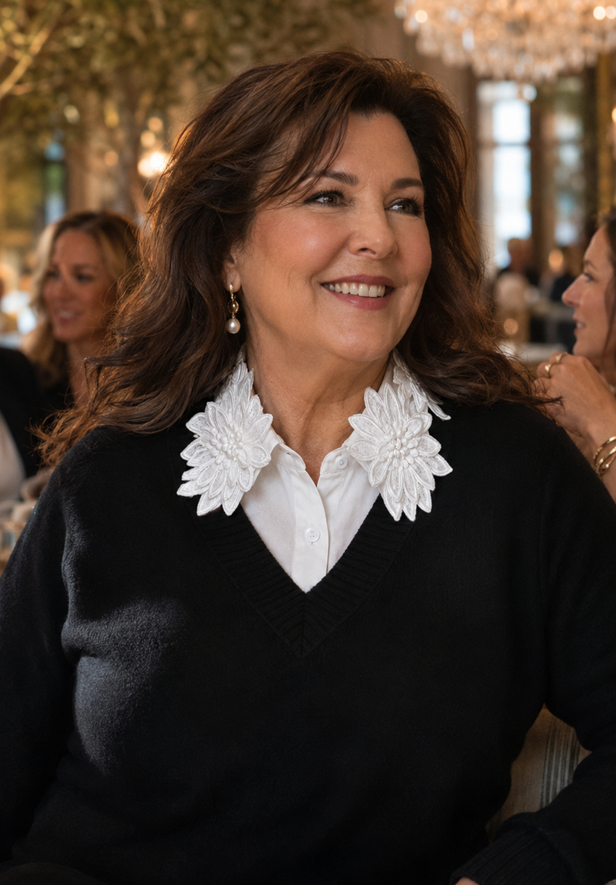 Woman in a black sweater with white collar sitting at a table in a restaurant.